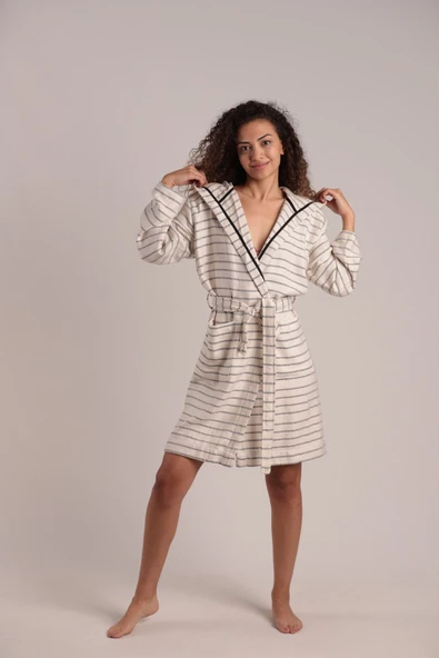 buldanstore Carmen Bornoz %60 Pamuk %40 Bambu Ekru-Siyah Cizgili ürün görseli 1