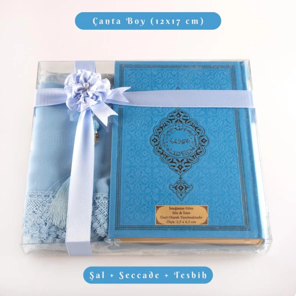 Şal + Seccade + Tesbih + Kuran Hediye Seti (Çanta Boy, Termo Deri, Açık Mavi) ürün görseli 1