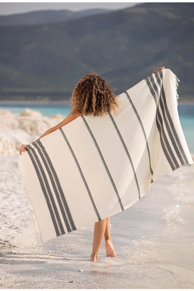 buldanstore Vivaldi Peştemal (EKRU-SİYAH) %80 Pamuk %20 Bambu 95*180cm. Banyo Havlusu, Plaj Havlusu ürün görseli 1