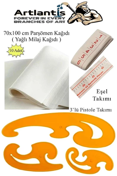 Eşel Takımı 3 lü Büyük Pistole Takımı ve 10 Adet Yağlı Kağıt Milaj Seti 1 Paket Eşel Cetveli Parşömen Kağıdı Moda Tasarı ürün görseli 1