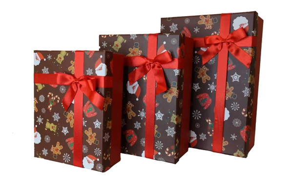 Kolix 3'lü Yılbaşı Temalı Dekoratif Fiyonklu Hediye Kutusu Kahverengi 35x25x13 Cm Büyük Boy ürün görseli 1