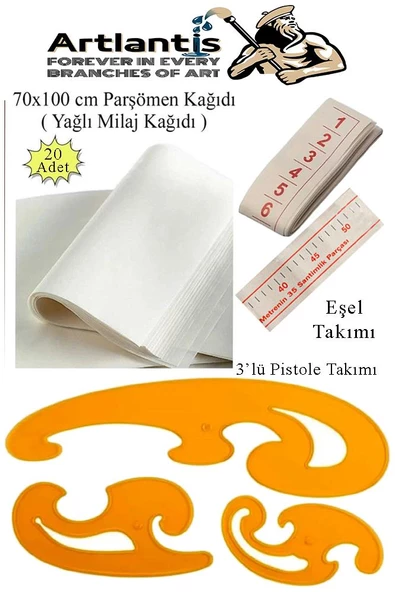 Eşel Takımı 3 lü Büyük Pistole Takımı ve 20 Adet Yağlı Kağıt Milaj Seti 1 Paket Eşel Cetveli Parşömen Kağıdı Moda Tasarım ürün görseli 1