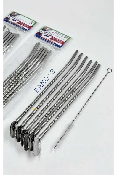 Kaşıklı Pipet Seti 6 Lı Çelik + Temizleme Fırçası 22 cm ürün görseli 1