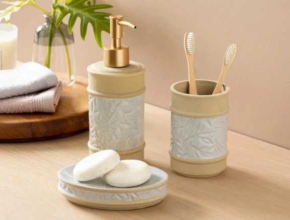 English Home Leaf 3'lü Banyo Seti 8x8x20+7x7x10+14x10x3 Cm Gri ürün görseli 1