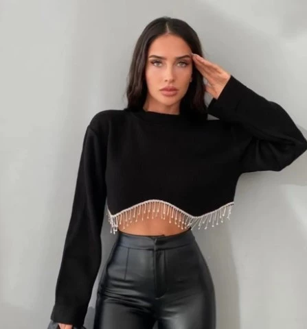 LB Kadın Siyah Beli Zincir Ve Taş Detaylı Crop Triko Kazak Bluz ürün görseli 1