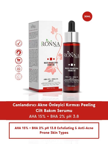 Ronna Beauty Akneli Cilt Düzenleyici Red Peeling Serum 30 ml AHA 15%+BHA 2% pH3.8 ürün görseli 1