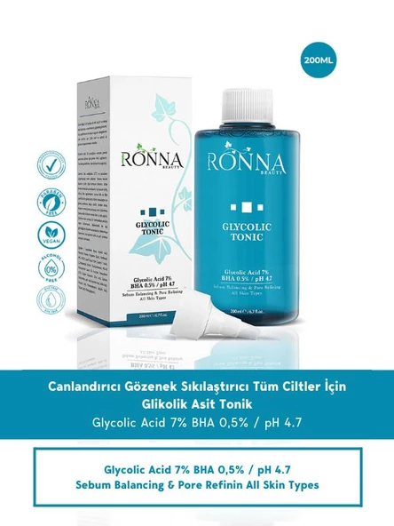 Ronna Beauty Gözenek Sıkılaştırıcı Glycolic Tonic 200 ml BHA 0,5% pH 4.7 ürün görseli 1