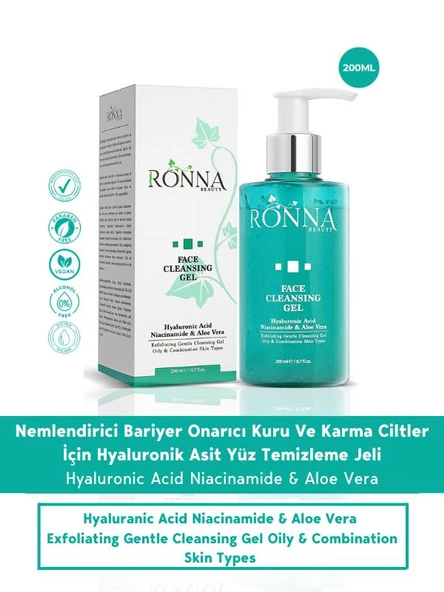 Ronna Beauty Besleyici Ve Onarıcı Temizleme Jeli Face Cleasing Gel 200 ml Hyaluronic Acid Niacinamide ürün görseli 1