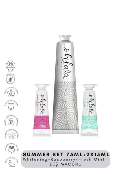 Ohlala Whitening 75 ml+Fresh Mint 15 ml+Raspberry mint 15 ml Summer Diş Bakım Seti ürün görseli 1