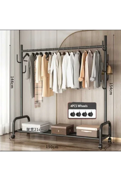 Metal Siyah Portmanto Konfeksiyon Askısı Ayaklı Askılık Elbise Askılığı Tekerlekli 154*150 Cm 6014 ürün görseli 1