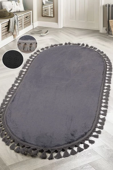 Relax Antrasit Oval Leke Tutmaz Yıkanabilir Kaymaz Ponpon Saçaklı Püsküllü Peluş Mutfak Halısı ürün görseli 1