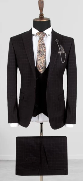Erkek Siyah-mor Pötikare Desenli Slim Fit 3'lü Takım Elbise ürün görseli 1