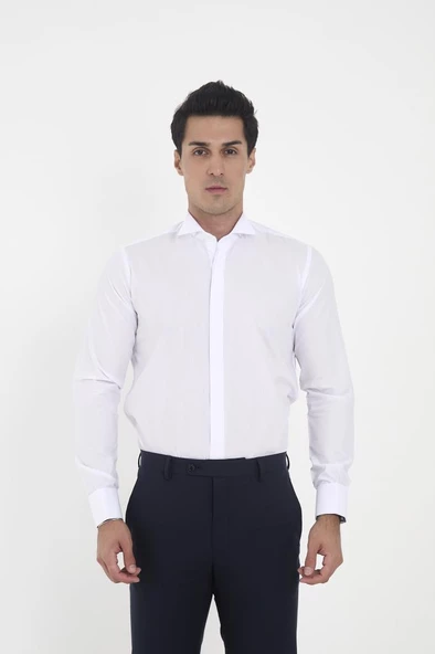 Brianze Beyaz Ata Yaka Damatlık Slim Fit Gömlek ( Kol Düğmesi Hediye ) ürün görseli 1