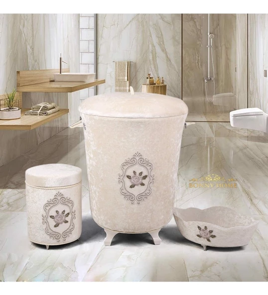 Bonny Home Shems Vizon 3lü Kadife Çeyizlik Dantelli Banyo Kirli Çamaşır Sepeti Seti ürün görseli 1