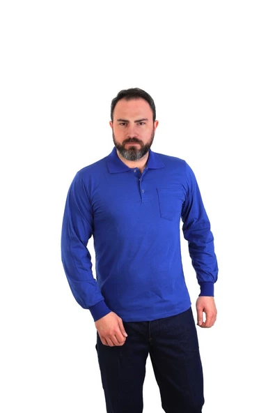ESERIS - Polo Yaka Uzun Kol Pike Tişört - Saks Mavi - Cepli ürün görseli 1
