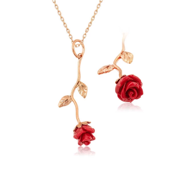 Gümüş Rose Kırmızı Gül Kolye ürün görseli 1