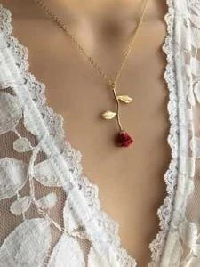 Gümüş Rose Kırmızı Gül Kolye - Resim 4