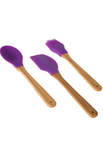 EK-HOME 3'lü Bambu Saplı Silikon Kaşık -spatula-fırça Mutfak Seti ürün görseli 1