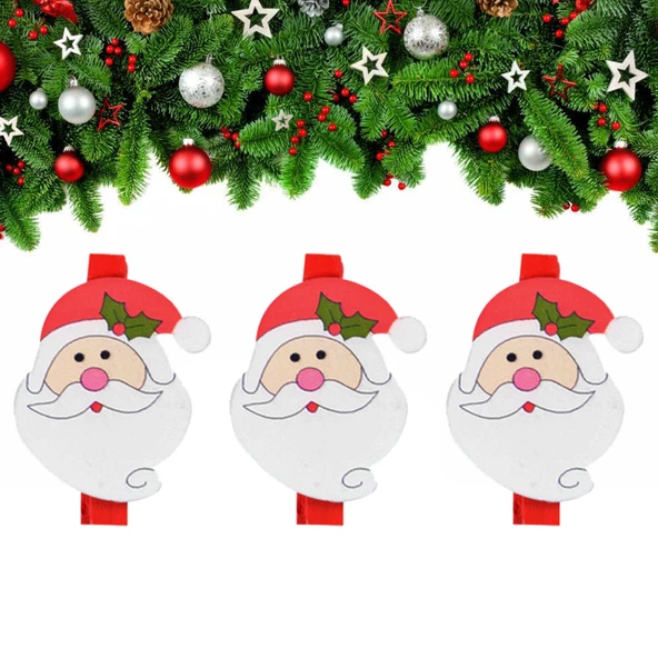 Yılbaşı Noel Baba Desenli Dekoratif Mandal 6'lı ürün görseli 1