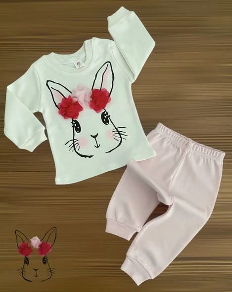 Nikuby Tavşan Desen Ponpon Kurdeleli Penye Takım ürün görseli 1