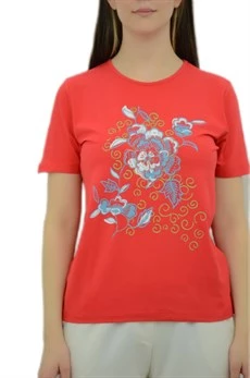 Çiçek Baskılı Kırmızı T-Shirt - Resim 4