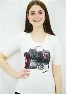 Çanta Baskılı Krem T-Shirt - Resim 3