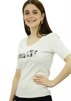 Cat&Dog Baskılı Krem T-Shirt - Resim 2