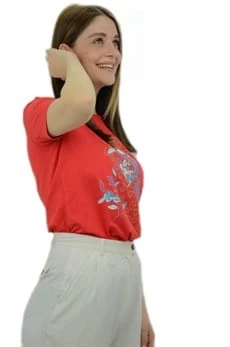 Çiçek Baskılı Kırmızı T-Shirt - Resim 2