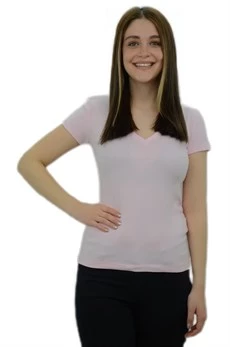 V Yaka Açık Pembe Basic T-Shirt - Resim 2