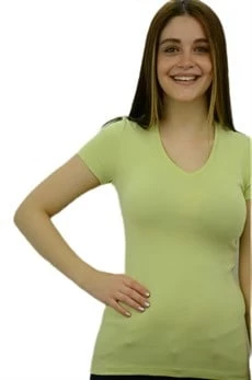 V Yaka Su Yeşili Basic T-Shirt - Resim 3