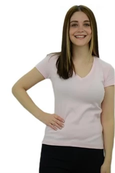 V Yaka Açık Pembe Basic T-Shirt ürün görseli 1