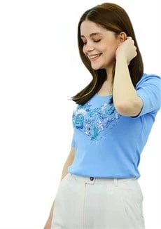 Aksesuar Baskılı Mavi T-Shirt - Resim 4