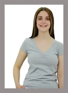 V Yaka Önü Büzgülü Gri T-Shirt ürün görseli 1