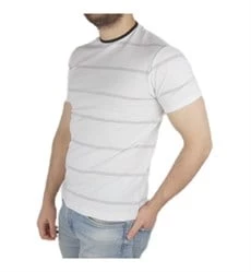 Beyaz Gri Çizgili Lakost Örme T-shirt - Resim 3