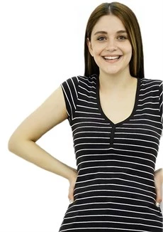 V Yaka Kahverengi Çizgili T-Shirt ürün görseli 1