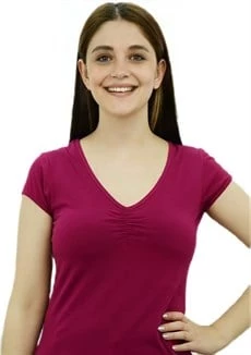 V Yaka Önü Büzgülü Fuşya T-Shirt ürün görseli 1