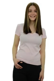 V Yaka Açık Pembe Basic T-Shirt - Resim 3