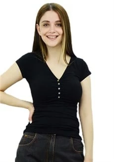 Önü Düğmeli Siyah T-Shirt ürün görseli 1