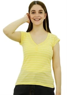 Sarı Çizgili Bayan T-Shirt - Resim 2