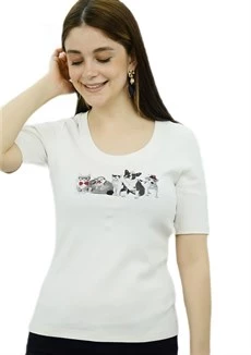 Cat&Dog Baskılı Krem T-Shirt ürün görseli 1