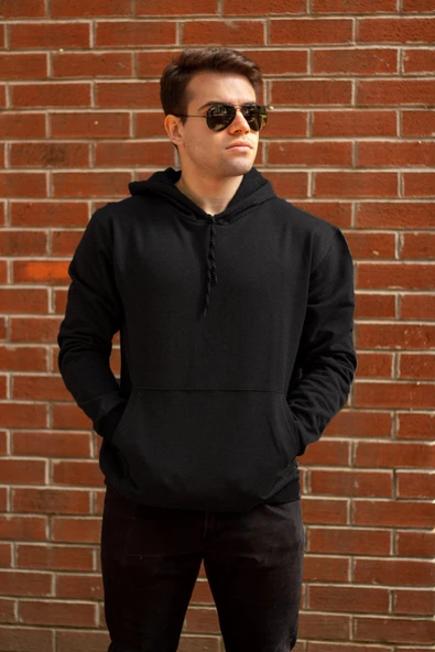 Erkek Siyah Düz Basic Kapüşonlu Cepli Oversize Sweatshirt 21ESWT1KNG ürün görseli 1