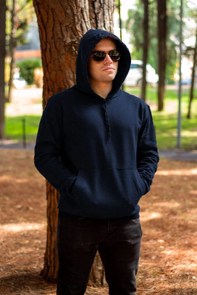 Erkek Lacivert Düz Basic Kapüşonlu Cepli Oversize Sweatshirt 21ESWT1KNG - Resim 5