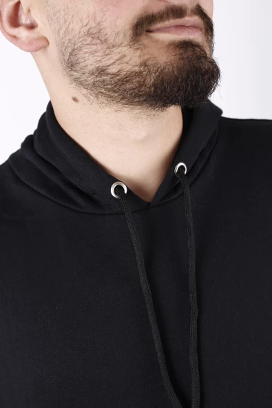 Erkek Siyah Düz Basic Kapüşonlu Cepli Oversize Sweatshirt 21ESWT1KNG - Resim 5
