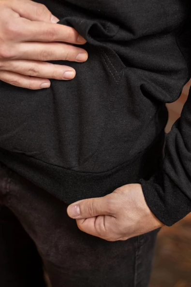 Erkek Siyah Düz Basic Kapüşonlu Cepli Oversize Sweatshirt 21ESWT1KNG - Resim 6