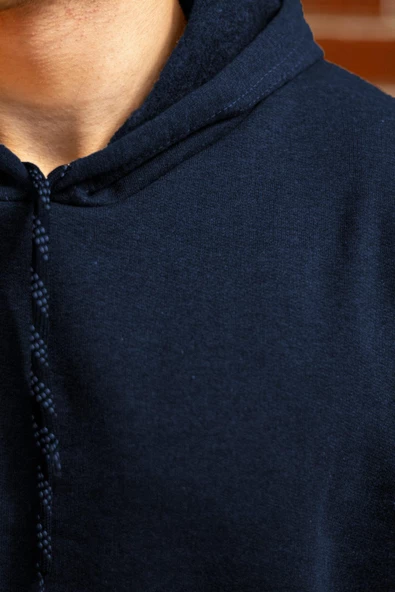 Erkek Lacivert Düz Basic Kapüşonlu Cepli Oversize Sweatshirt 21ESWT1KNG - Resim 3