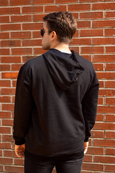 Erkek Siyah Düz Basic Kapüşonlu Cepli Oversize Sweatshirt 21ESWT1KNG - Resim 7