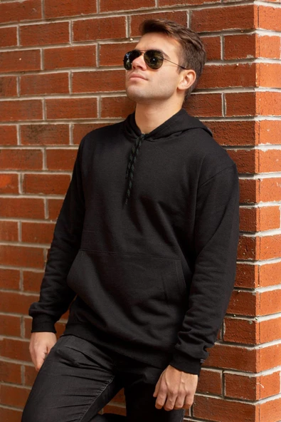 Erkek Siyah Düz Basic Kapüşonlu Cepli Oversize Sweatshirt 21ESWT1KNG - Resim 3