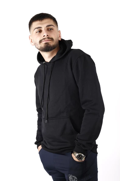 Erkek Siyah Düz Basic Kapüşonlu Cepli Oversize Sweatshirt 21ESWT1KNG - Resim 4
