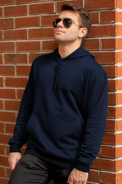 Erkek Lacivert Düz Basic Kapüşonlu Cepli Oversize Sweatshirt 21ESWT1KNG ürün görseli 1