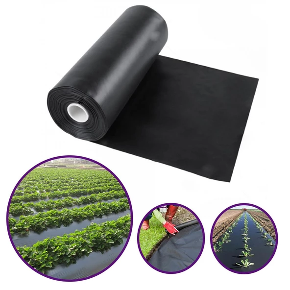MULCH NAYLONU 50cm ENLİ 20 MİCRON (UZUNLUK SEÇİNİZ) SİYAH TABAN ÖRTÜSÜ PİDOK ÇİLEK MULCH UV Lİ SEBZE NAYLONU ürün görseli 1